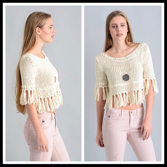 FREE PEOPLE TASSEL FRINGE PULLOVER KNIT CROP TOP - Picture 7 of 8